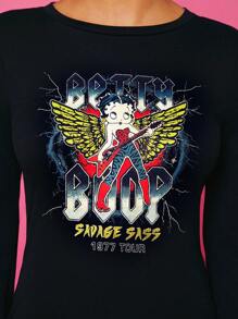Betty Boop x SHEIN Abito corto con maniche a campana, orlo a lattuga con stampa di personaggi dei cartoni animati punk e di lettere per le donne