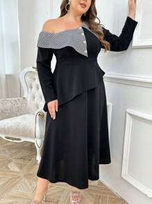 Modelyn Váy dài maxi dự tiệc sang trọng, họa tiết kẻ caro, cổ bất đối xứng, mùa xuân và mùa thu - màu đen - Xem 3