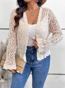 SHEIN VCAY 大码秋季浪漫钩针早午餐长袖开衫 - 杏色 - 查看 1