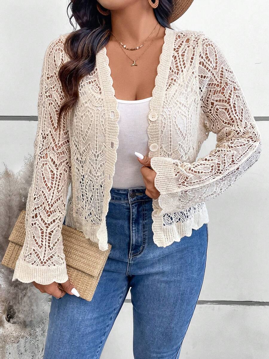 SHEIN VCAY 大码秋季浪漫钩针早午餐长袖开衫 - 杏色 - 查看 1