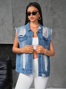 SHEIN Essnce Women's Distressed Ripped Denim Jacket - Light Wash - View 3