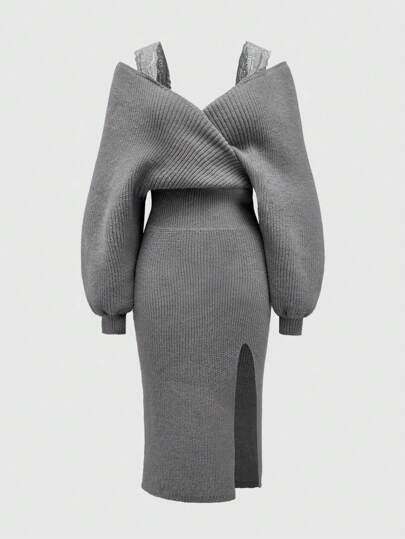 ROMWE Kawaii V-Neck Lace Patchwork Flared Sleeve Slit Knitted Dress For Women