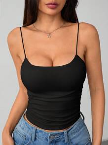 SHEIN PETITE Camiseta básica ajustada de cuello redondo, blanca, transpirable para mujeres; Camisetas de tirantes negras sin sujetador para mujer