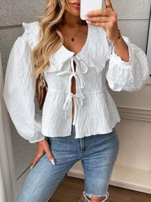 Chiquease Blusa oversize con colletto a fiocco e bottoni frontali in tessuto jacquard per donna - Bianco - Visualizzare 4