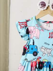 SHEIN 女童夏季薄款可爱童趣甜美文艺全身卡通动物图案印花盖袖拼接连衣裙