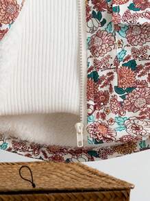 SHEIN Young Girl Floral Print Fur Collar Long Sleeve Padded Coat, Winter - Multicolor - View 3