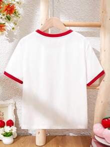 Strawberry Shortcake X SHEIN Camiseta de Manga Curta com Estampa de Morango e Desenho Animado para Meninas Adolescentes com Detalhe de Contraste