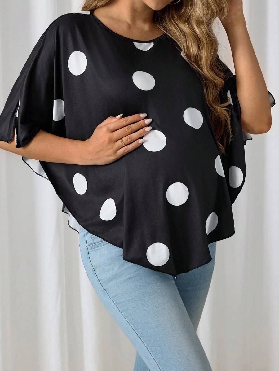 SHEIN Maternity Polka Dot Raglan Sleeve Asymmetric Hem T-Shirt, Summer - Black - View 1