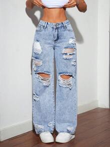 SHEIN Tall 女士宽松直筒破洞口袋牛仔裤 - 藍色 - 查看 7