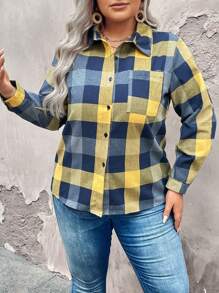 大码女式格子印花休闲长袖衬衫 - 黃色 - 查看 4