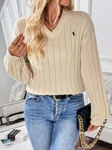 SHEIN LUNE Women Autumn And Winter Knight Print V-Neck Drop Shoulder Long Sleeve Loose Casual Sweater
