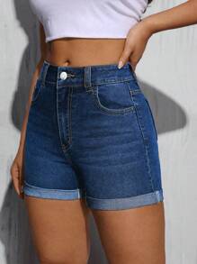 SHEIN Tall Women Solid Color Simple Daily Mid-Rise Skinny Denim Shorts - Medium Wash - View 3