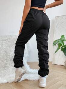 SHEIN PETITE Solid Drawstring Waist Stacked Trousers - Black - View 1