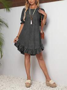 SHEIN LUNE 女士荷叶边领夏季牛仔连衣裙 - 灰色 - 查看 3