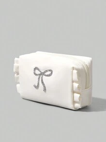 ROMWE Kawaii Women Retro Cute Rhinestone Bow Coin Storage Cosmetic Bag + Star Pull Card - White - View 3