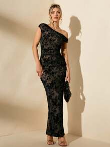 SHEIN BAE Vestido ajustado negro asimétrico con fruncido para mujer, vestido de verano descubierto del hombro, vestido largo de otoño