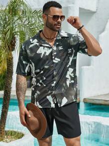 Genlund Plus Size Men's Simple Printed Short Sleeve Shirt - Multicolor - View 1