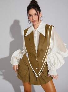 Hauture Layered Lapel Ruffle Sleeve Blouse - Camel - View 4