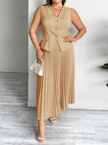 SHEIN Privé Sleeveless Blazer + Long Pleated Skirt Plus Size Business Set - Khaki - View 4