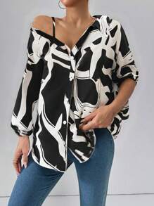 SHEIN Essnce Camicia asimmetrica in stile casual e di strada di nuova moda per donna, con bottoni, adatta per la primavera, l estate o l autunno, outfit da crociera o abbigliamento da insegnante