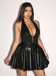 SHEIN ICON Plus Size Summer Sexy Criss-Cross Strap Backless Halter Neck Dress - Black - View 6