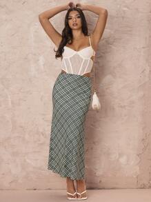 Glamine Women Plaid Print Casual Everyday Matching Slit Skirt Fall Cloth For Women - Green - View 4