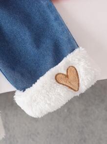 SHEIN Playful Pals 女婴花卉印花长袖上衣和心形人造毛皮牛仔裤套装，秋冬 - 粉色 - 查看 3