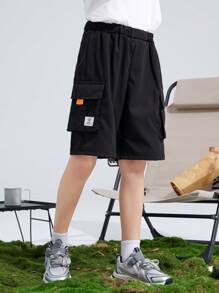 SHEIN 少年男孩字母拼接口袋裝扣蓋貨物短褲
