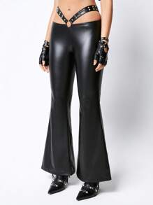 ROMWE Grunge Punk Quần da cạp thấp cạp trễ đính đá Y2K - màu đen - Xem 1