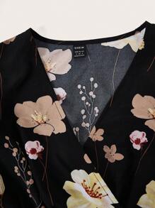 SHEIN Clasi 夏季休闲花卉印花泡泡袖连衣裙长款女装 - 黑色 - 查看 3