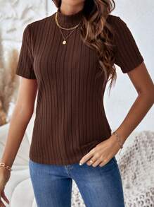 SHEIN Clasi Women's Solid Color Ribbed Crew Neck Short Sleeve T-Shirt - Coffee Brown - View 4