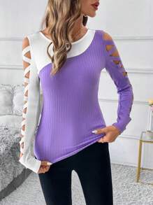 SHEIN Clasi 女士优雅紫白蜡染镂空设计 T 恤 - 彩色 - 查看 6