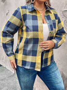 大码女式格子印花休闲长袖衬衫 - 黃色 - 查看 3