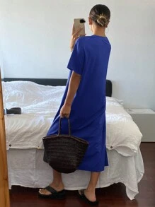DAZY 女士休闲圆领短袖简约连衣裙，日常穿着太阳裙 - 藍色 - 查看 2