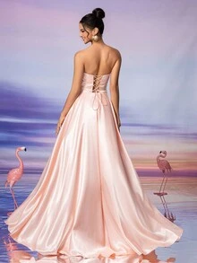 水钻蝴蝶结前系带露背抹胸晚礼服优雅正式舞会婚礼宾客礼服，适合毕业典礼、晚宴 - 粉色 - 查看 4