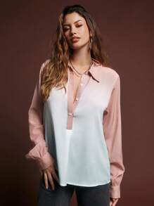 SHEINNeu Women Contrast Color Simple Button-Up Long Sleeve Shirt Pink And Blue,Autumn,Elegent,Office Fall Tops Women's Clothing Back To School Tween Girls - Multicolor - View 1