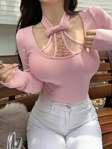 DAZY Áo thun dài tay trang trí nơ chắp vá ren nữ - Hồng - Xem 6
