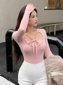 DAZY Women's Valentine's Day Heart Hollow Drawstring Tie Pearl Decor Long Sleeve T-Shirt,Fall Clothes
