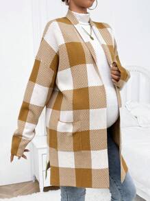SHEIN Kardigan Kotak-kotak Lengan Panjang, Sweater Panjang, Pakaian Kasual, Untuk Ibu Hamil, Untuk Musim Dingin - Khaki - View 3