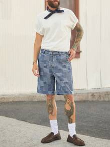 Manfinity Homme Men's Vintage Casual Light Blue Plaid Denim Shorts