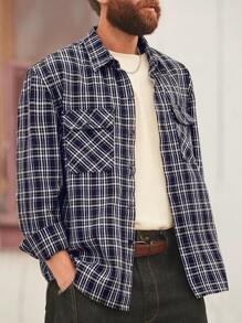 Manfinity Homme Retro American Style Men's Plaid Loose Fit Denim Shirt - Dark Wash - View 7