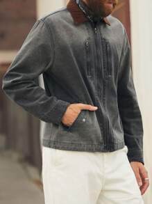 Manfinity Homme Retro American Casual Men's Light Grey Washed Denim Patchwork Collar Loose Jacket Varsity Coat - Light Grey - View 3