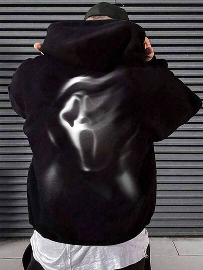 SHEIN Ghost Print Teen Boy Casual Loose Fit Abstract Graphic Sweatshirt, Suitable For Autumn, Halloween