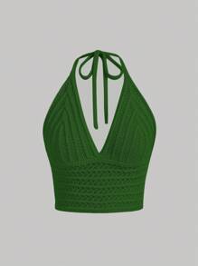 SHEIN MOD Áo Len Dệt Kim Mềm Thắt Nơ Cổ Cho Nữ, Lễ Hội Âm Nhạc Mùa Hè - xanh quân đội - Xem 1