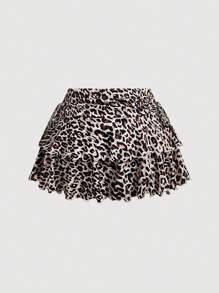 SHEIN MOD 大码女式豹纹分层蛋糕迷你裙，配有腰带 - 彩色 - 查看 2