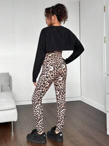 SHEIN Bộ trang phục 2 món dành cho nữ tuổi teen - Áo thun dài tay trơn màu đen và áo yếm in họa tiết da báo - Nhiều màu - Xem 3