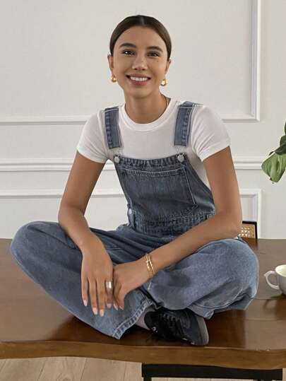 Livesso 女式西式做旧水洗宽松可调节肩带牛仔背带裤秋冬