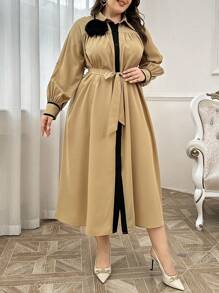 Modelyn Plus Size Casual Belted Long Sleeve Dress, Maxi Long Dress For Casual Daily/Vacation/Holiday/Evening Parties/Wedding Guest Long Evening Dresses