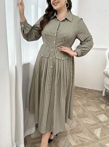 Modelyn Plus Size Button-Up Long Sleeve Striped Floral Elegant Dress, Maxi Dresses For Casual Daily/Holiday/Wedding Party/Evening