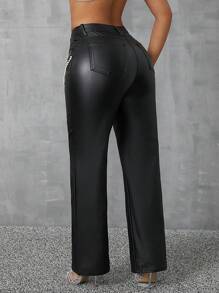 Pantalones casuales sencillos con decoración de cadena de unicolor para mujer
